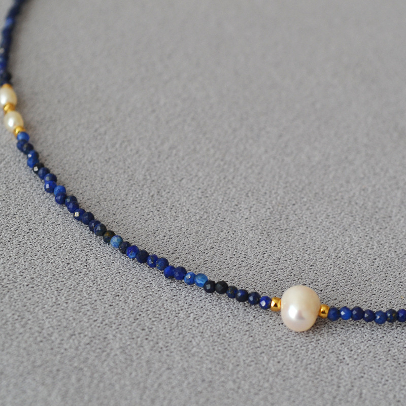 Korean niche design faceted lapis lazuli beaded freshwater rice small pearl extremely fine simple temperament short necklace