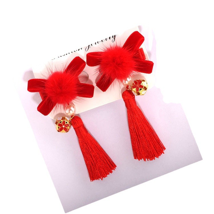 Chinese Style Stage Performance Jewelry Children's New Year Headwear Fur Ball Tassel Festive Hairpin Little Girl's New Year Greeting Hairpin