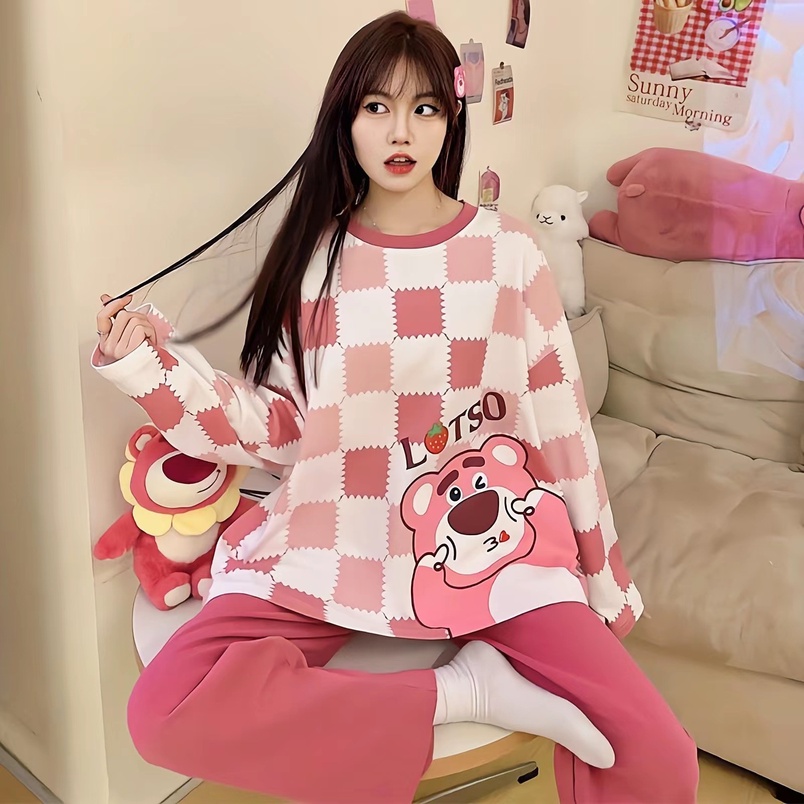 New autumn and winter pajamas women's long-sleeved suit sweet and cute casual plus size long-sleeved home clothes can be worn outside batch