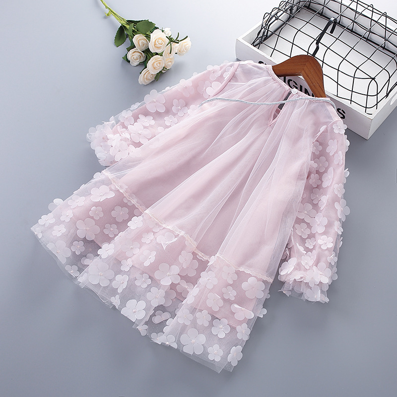 Spring new children's skirt mesh flower shiny belt bag long sleeve girls dress Korean version of a generation of hair