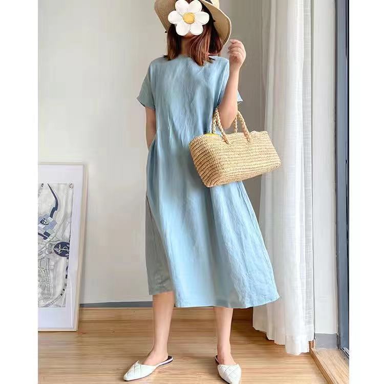 Simple Literary Style Loose Slimming Look Dress Women's Summer 2024 New Large Size Fat Mm Mid-length Skirt