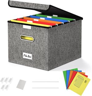 Grey Fabric File Box with Lid Portable Thickened Storage Box Desktop File Sorting Box Classification Dustproof Storage Box