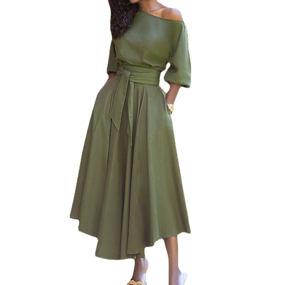 2024 foreign trade AliExpress wish Amazon European and American women's middle east strap waist temperament solid color dress