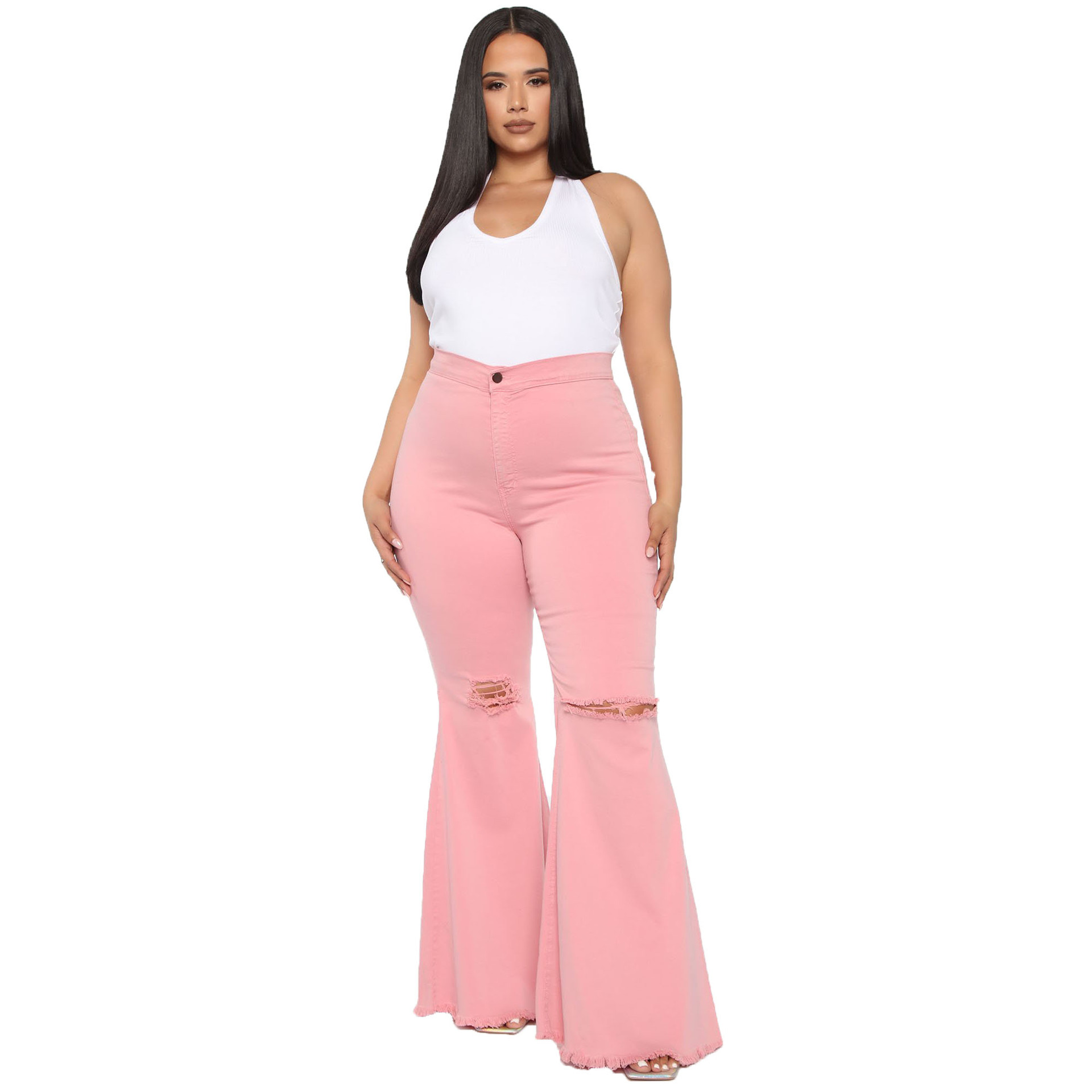 Cross-border HSF2302 Amazon for European and American fashion wide leg knee hole plus size fat MM flared pants
