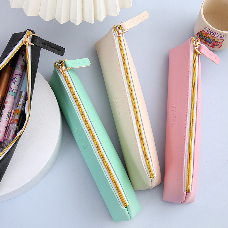 2024 New Student Pencil Bag Cross-border Special for School Supplies Stationery Bag PU Leather Solid Color Pencil Storage Bag Pencil Bag