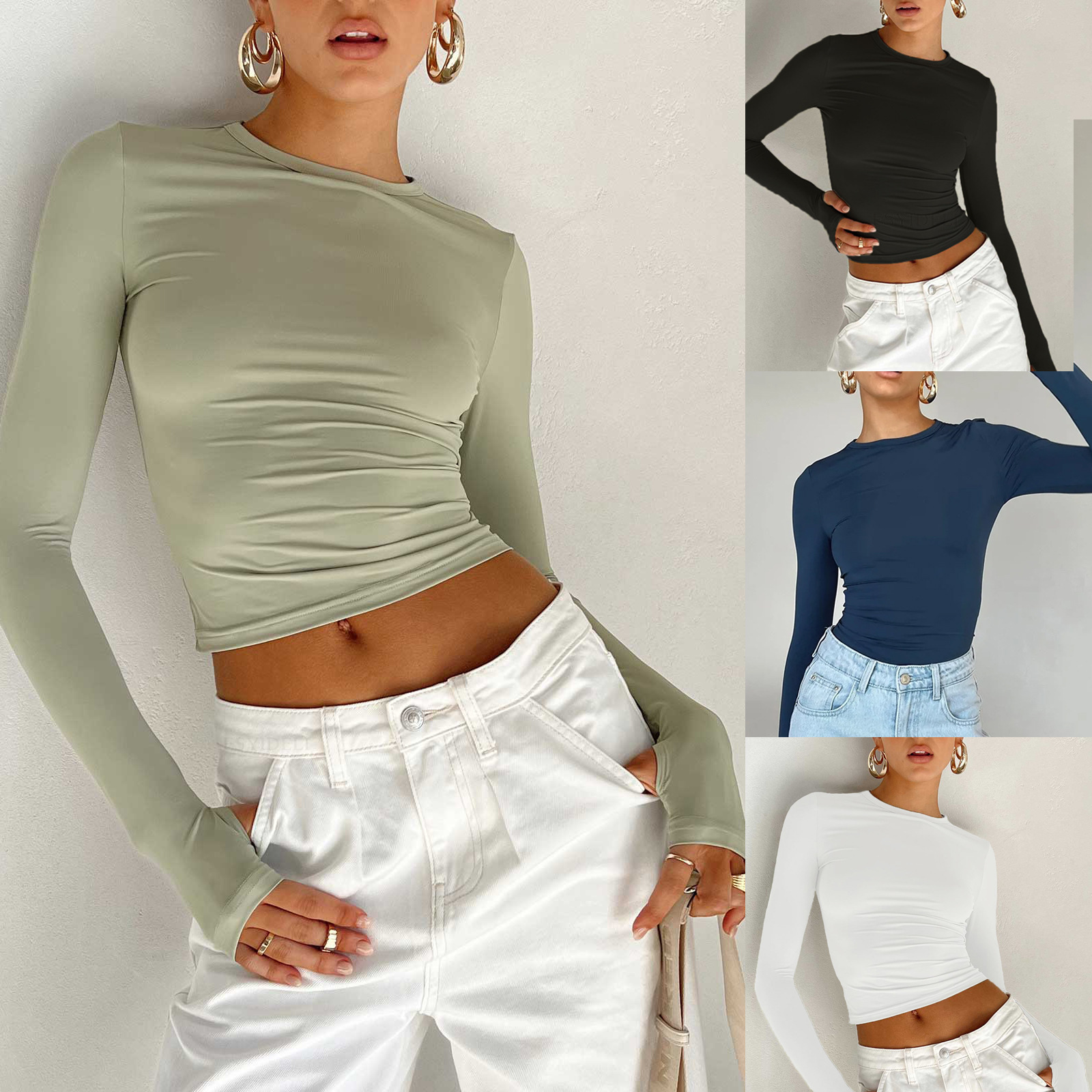 European and American Women's Solid Color Base Crew Neck Cuff Hole T-shirt Spice Girls Slim-fit Slimming Long Sleeve Top T-shirt Spring Autumn Winter