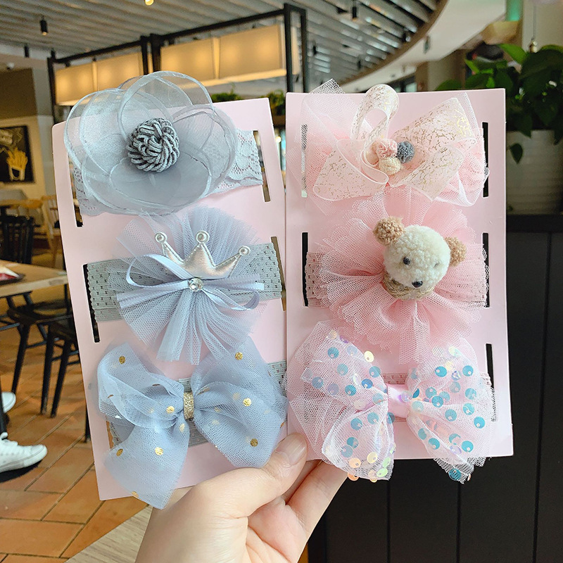 European and American bow flower hair band children's lace headdress flower hair accessories three-piece set baby baby hair accessories headband