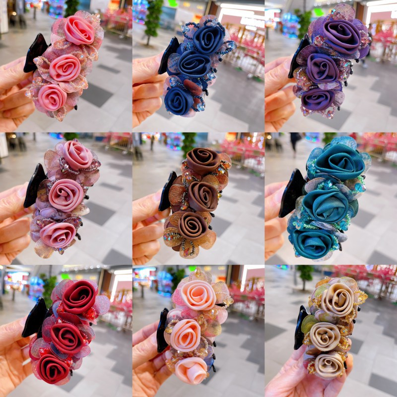 Korean Style New Rose Flower Grab Clip Fabric Rose Handmade Crystal Hair Clip Fashionable Korean Star Same Style Headwear