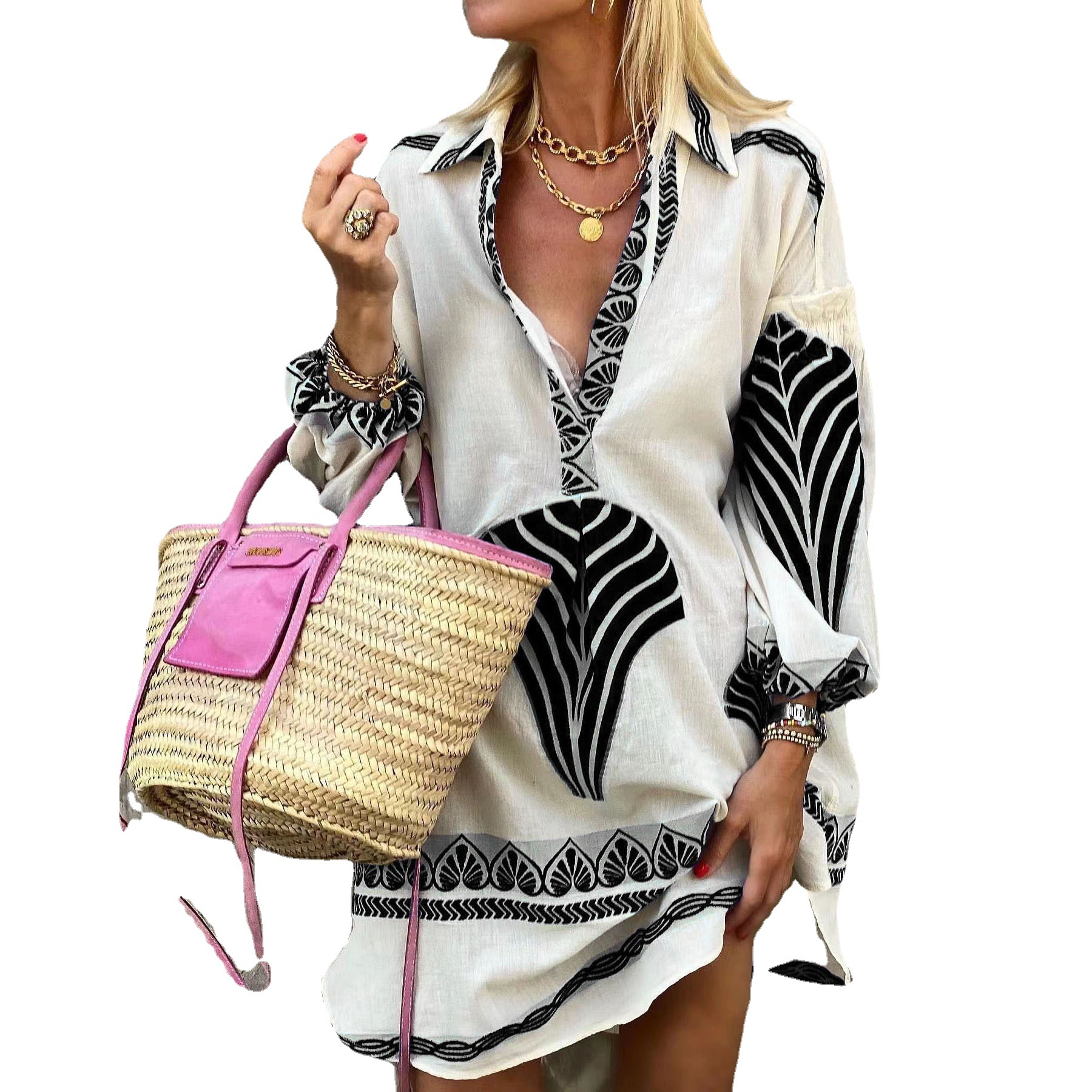 Cross-border 2023 Amazon Europe and America Spring and Summer New Casual Long Shirt INS Loose Vacation Split Top Women