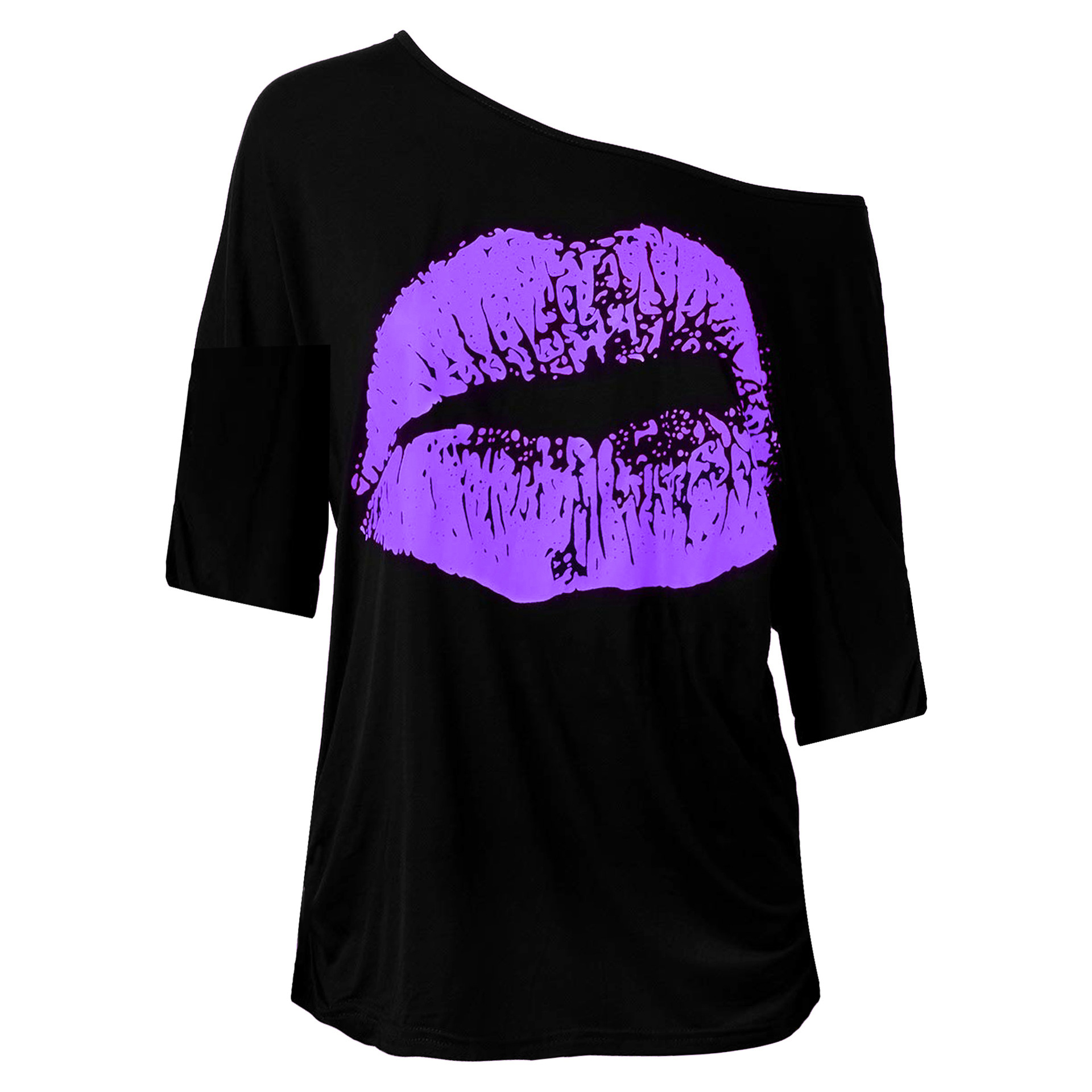 Amazon European and American Spring and Autumn Women's Cross-border Nostalgia Big Lips Printing 80 s Clothing Women's Slant Shoulder Mid-sleeve T-shirt
