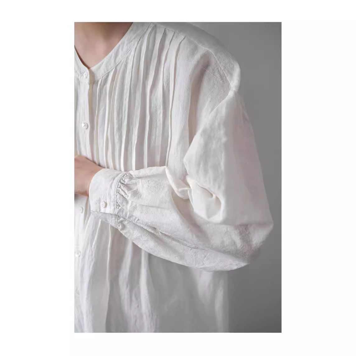 Japanese Pleated Design Linen Long Sleeve Shirt Dress