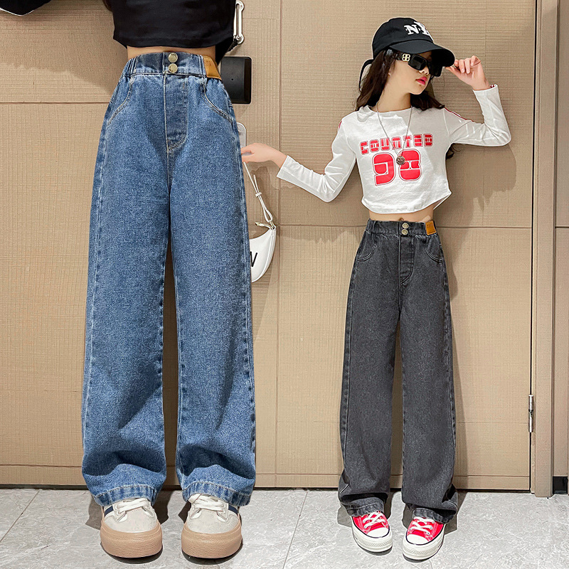 女童春季兩粒扣牛仔褲2023春裝新款兒童洋氣休閒褲女孩闊腿褲