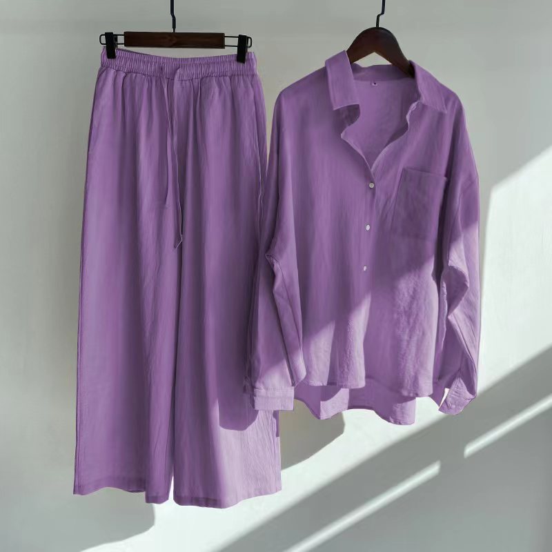 Cross-border  Women's 2-piece Vintage Plus Size 2022 Cotton and Linen Shirt Set High Waist Loose Trousers_voghion.com