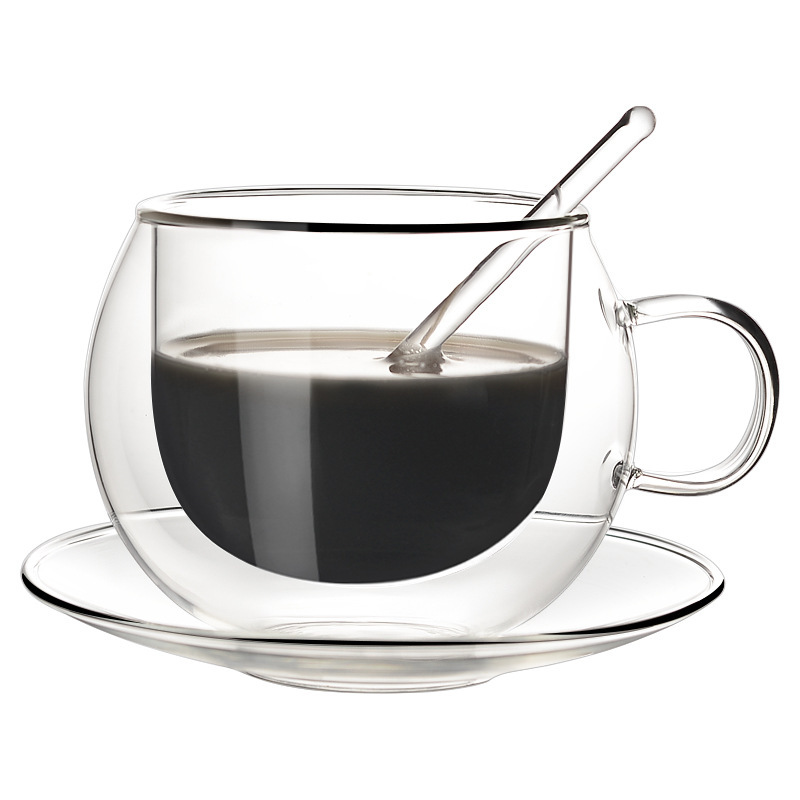 コーヒーカップガラス高颜値トランペットスプーン付きins風軽贅沢家庭用コップクリエイティブ二重カップセット|undefined