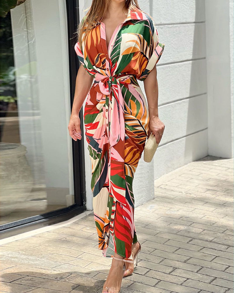 Amazon European and American 2024 Summer new women's shirt tight waist short sleeve dress lapel printed holiday dress