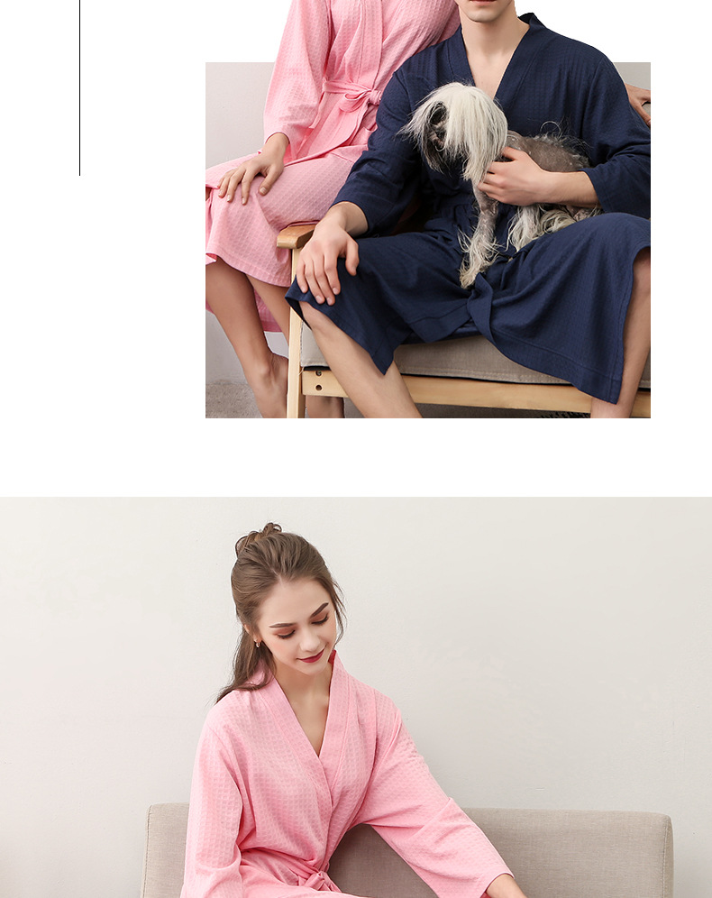 Late Summer Thin Waffle Bathrobe Women's Simple V-neck Seven-point Sleeve Absorbent Sleeve Couple's Nightgown Spring and Autumn Men's_voghion.com