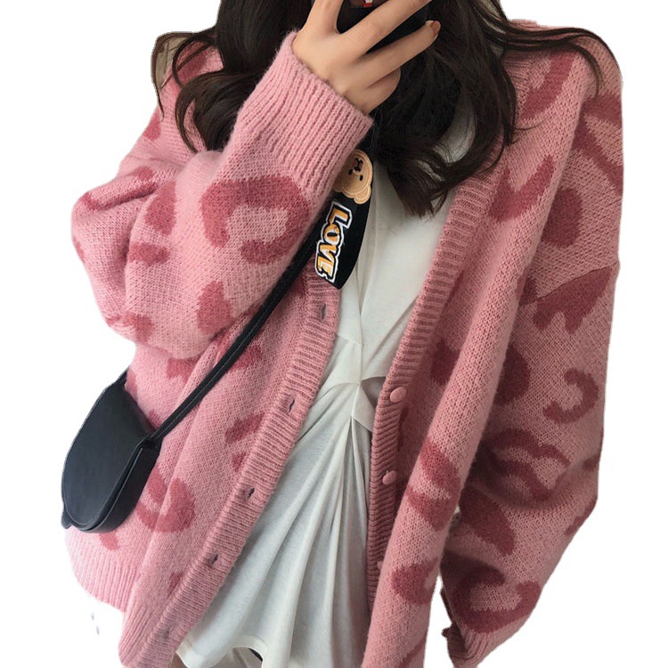 Korean Style Loose Sweater Coat Women's Autumn and Winter New Retro Fashion Elegant Leopard Print Knitted Cardigan Long Sleeve Top Trendy