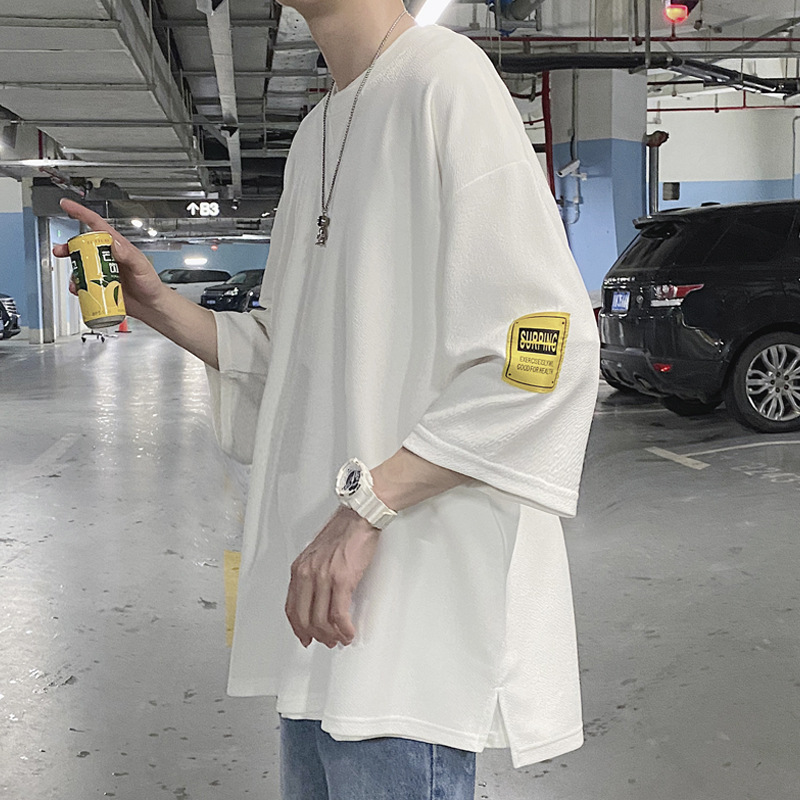 Printed three-quarter sleeve men's T-shirt summer fashion brand trendy loose plus size half sleeve T-shirt heavy short sleeve Ice Silk clothes