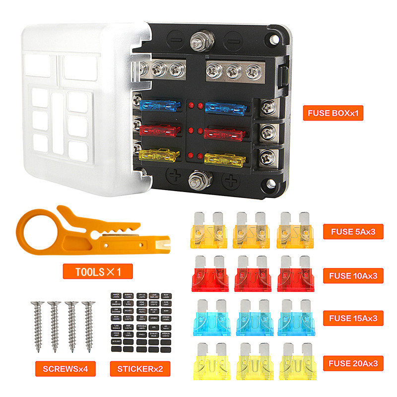 Vehicle and ship multi-channel Fuse Box with positive and negative 6-way fuse holder LED lamp insert circuit modification protection box