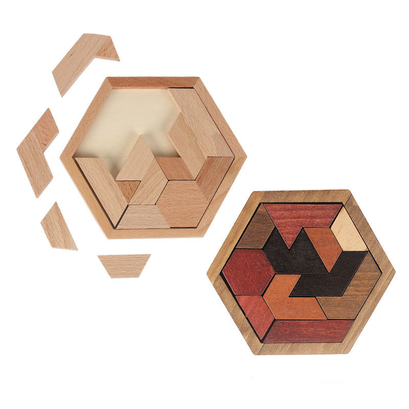 Wooden Puzzle Hexagonal Geometric Puzzle Puzzle Children's Building Blocks Tangram Unlock Kongming Lock Early Education Decompression