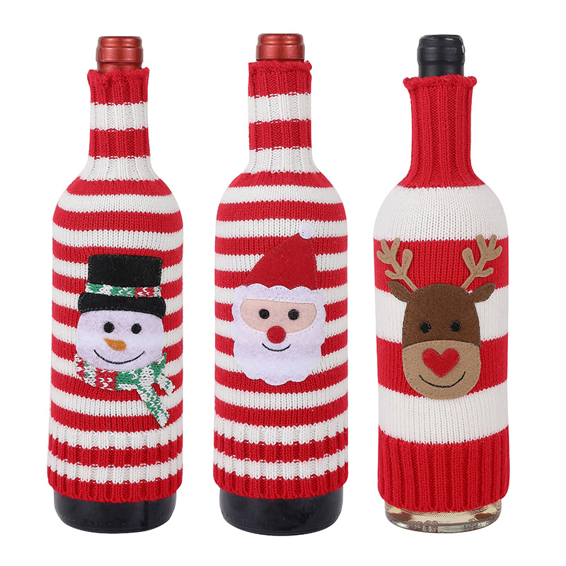 Neu Weihnachtsschmuck Wolle Acryl Gestrickte Gestreifte Weinflasche Set Elch Schneemann Wein Champagner Flasche_voghion.com