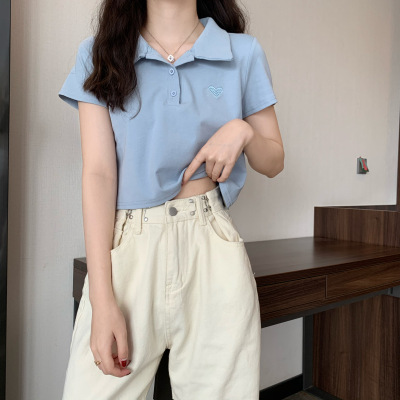 Love embroidered short-sleeved T-shirt for women summer  new Korean style polo collar versatile navel-baring short top trendy ins