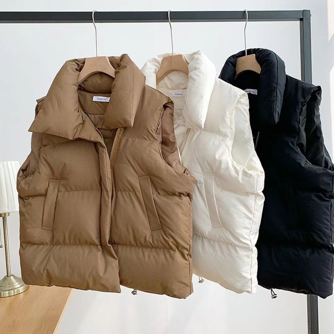 Women's Vest Jacket Winter New Stand Collar Sleeveless Casual Korean Style with Loose Warm Zipper Solid Color Vest Trendy