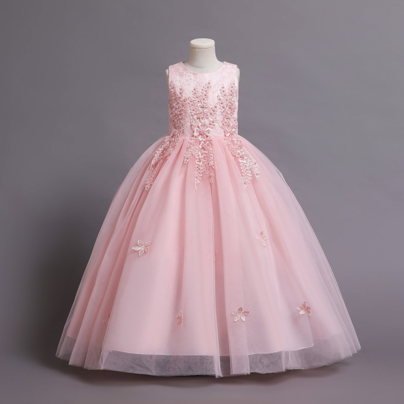 Flower girl's dress Princess girl's waist butterfly sleeveless children's long wedding dress puffy mesh princess dress