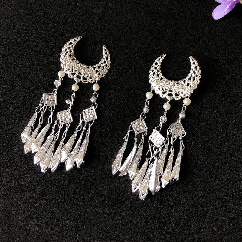 Antique Headwear Ancient Costume Hair Accessories Hairpin Side Clip Pair Clip Miao Silver Accessories Step Tassel Hanfu All-match Jewelry Complete Set