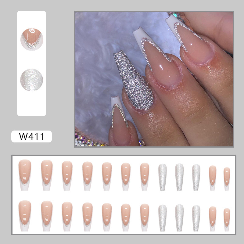 Pure Shining White French Long Ballet European and American ins Hot Girl Sweet Wearable Nail Piece nails