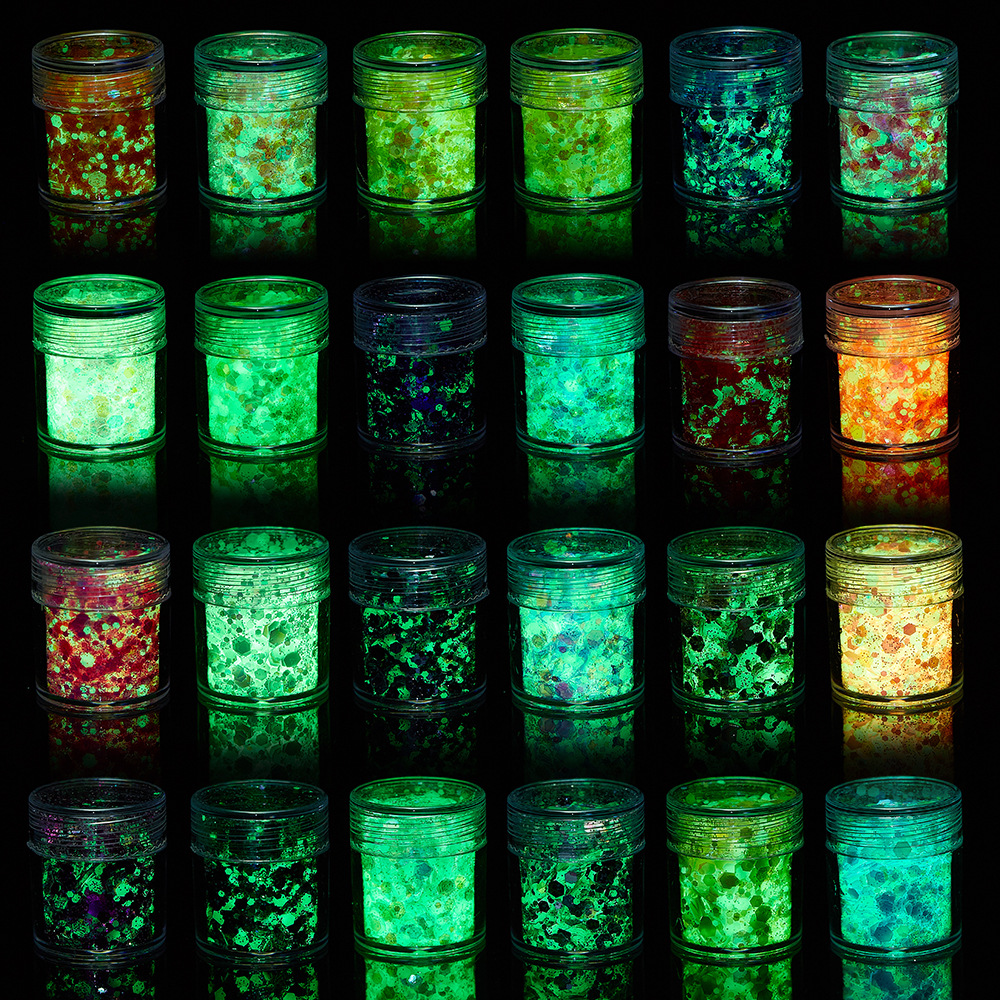 Cross-border Explosions Luminous Powder Nail Art Sequins Glitter Powder 24 Color Mixed Luminous Nail Art Nail Polish Glue Nail Sticker Jewelry Drill