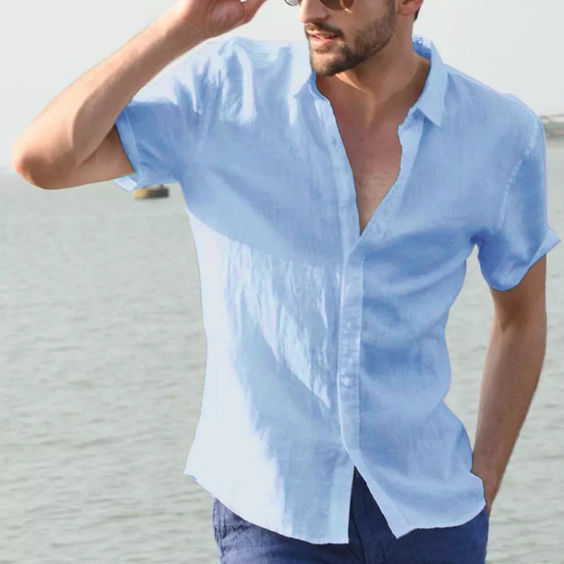 Men's Foreign Trade Summer New Cross-border Men's Solid Color Casual Short-sleeved Lapel Single-breasted Cardigan Shirt for Men