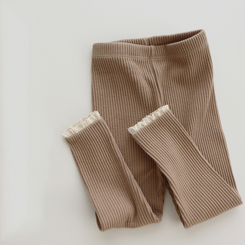 Korean style spring girls' pants pure cotton spring and autumn children's high elastic leggings striped lace little girl's trousers