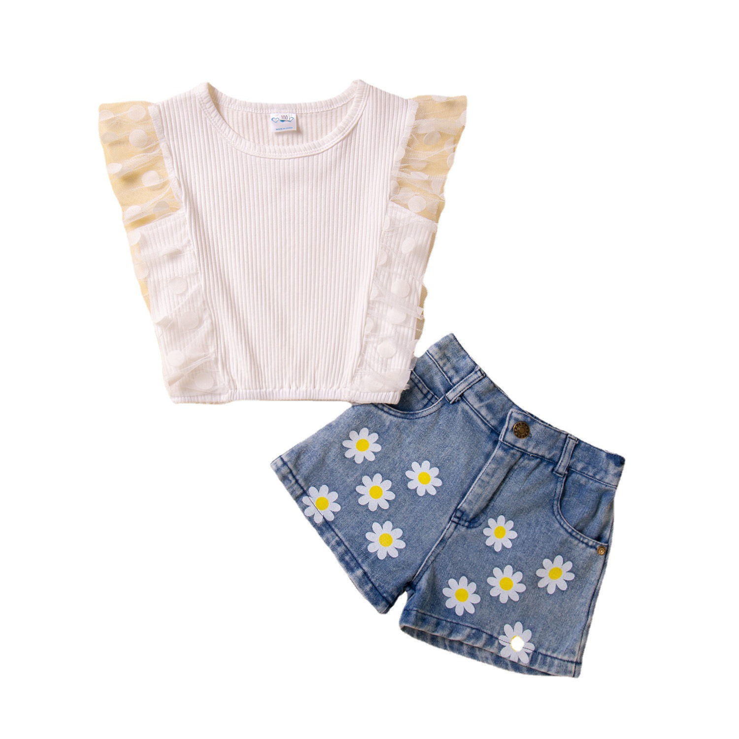 SAMGAMIBABY cross-border 23 summer girls suit new polka dot mesh sleeve top flower denim shorts