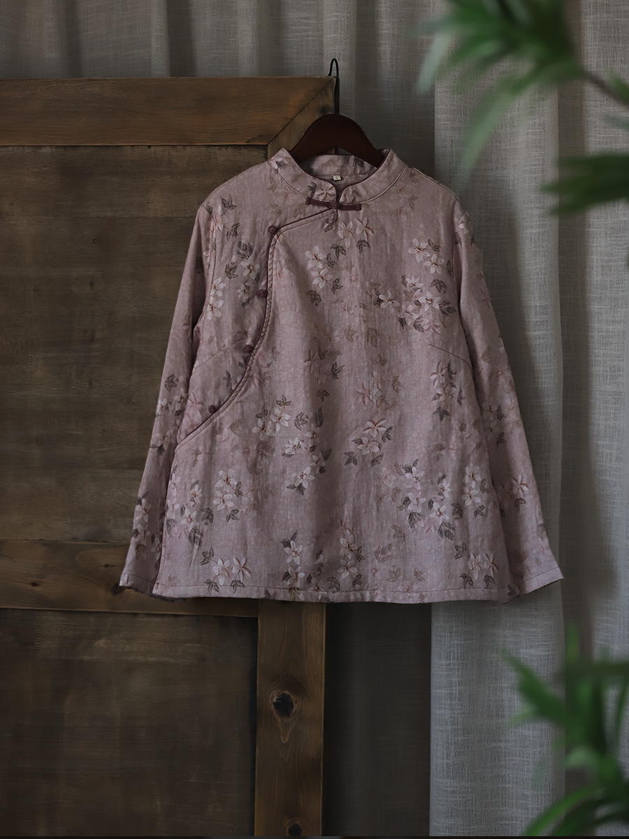 S5929 Neues, schräges Knopfleisten-Leinen-Digitaldruck-Kontrast-Zen-personalisiertes Samtoberteil im chinesischen Stil_voghion.com