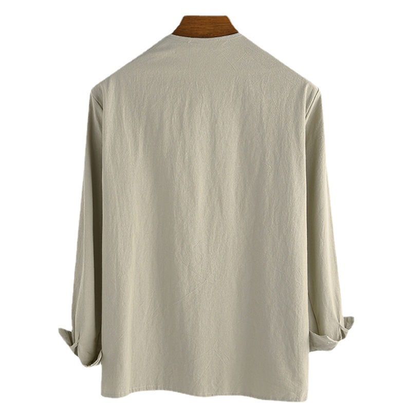 2023 Spring and Autumn Cross-border New European and American Men's Loose Solid Color Drawstring Long Sleeve Shirt Cotton Linen Stand Collar Men's Shirt