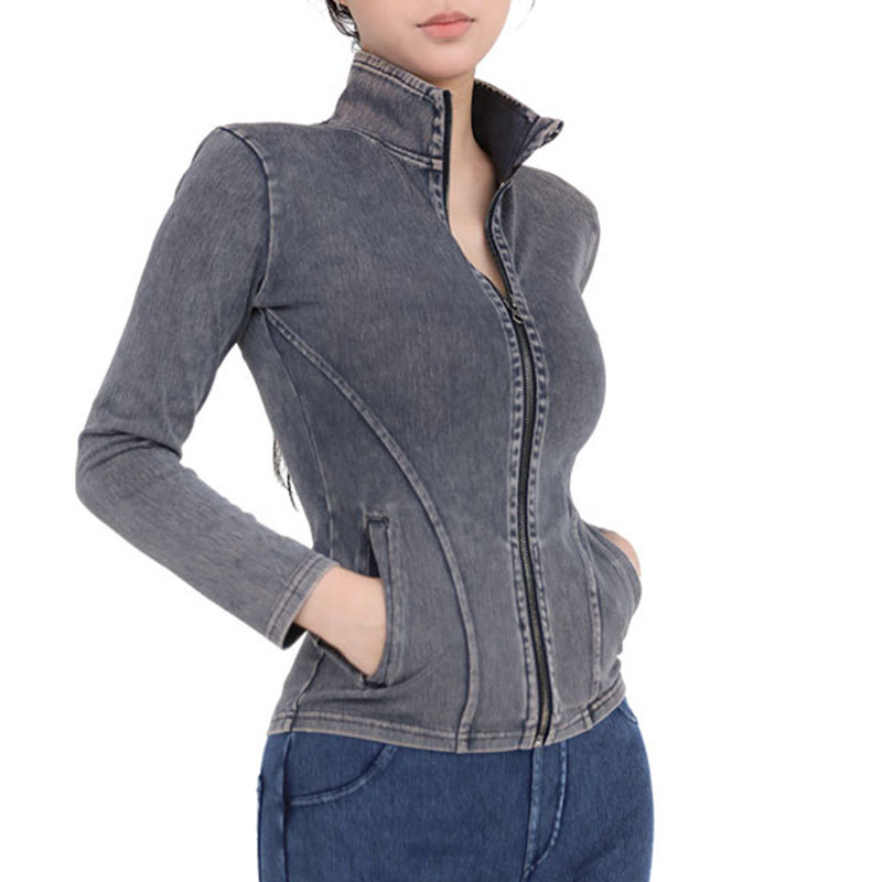 Spring and Summer new Denim zipper yoga Jacket Women's turtleneck slimming tight double pocket sports outerwear fitness top