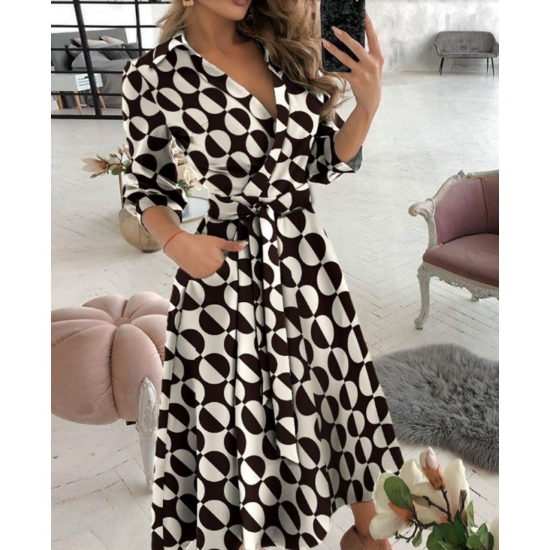2022EBAY WISH spring/summer fashion long sleeve V-neck printed sheath dress women's clothing