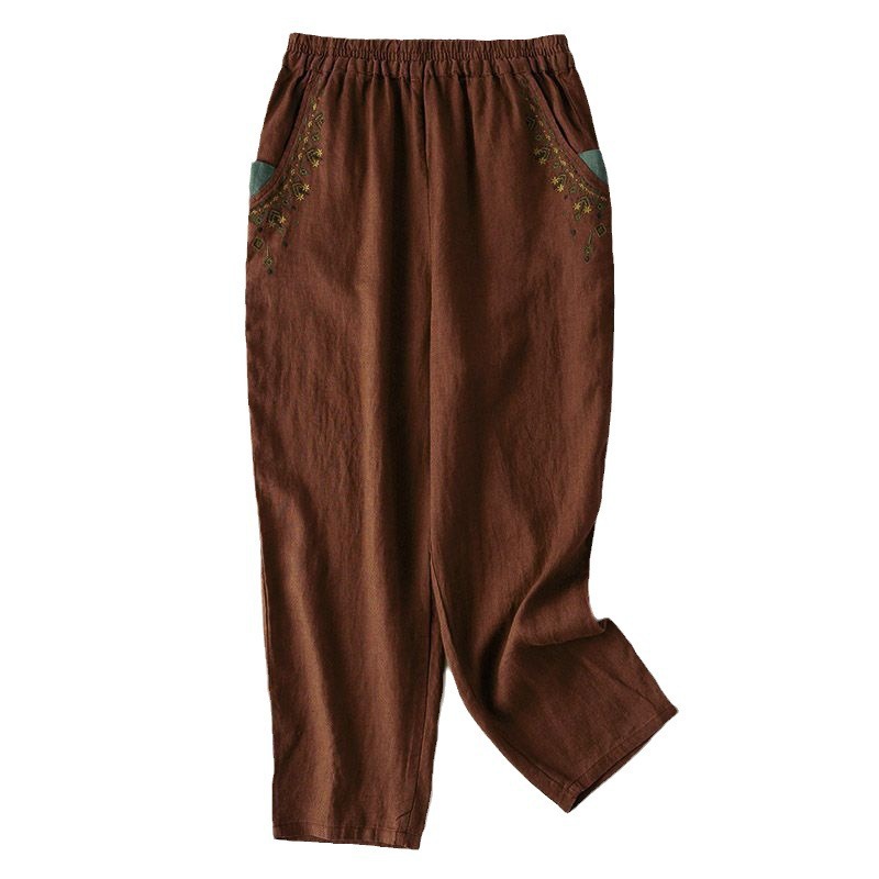 Cotton and linen retro embroidered radish pants women's summer New straight harem pants loose solid color versatile casual cropped pants