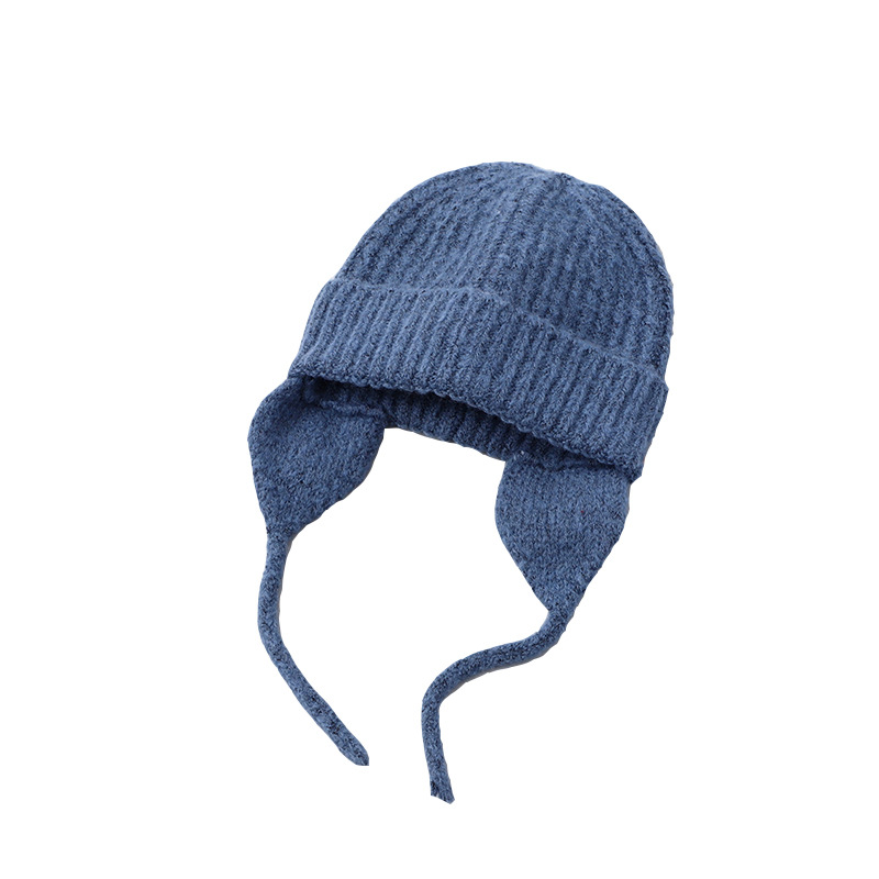 Gestrickte Ohrenschutzmütze für Kinder im japanischen Stil, neue Herbst- und Wintermütze aus dunkler, eleganter, warmer Wolle, einfarbige Strickmütze_voghion.com