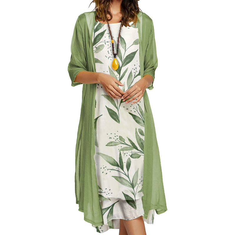 2024 European and American Amazon Autumn New Women's Long Dress Two-Piece Floral Print Crewneck Dress Coat Women