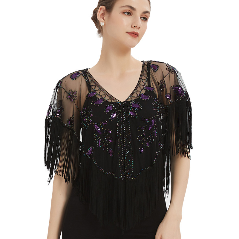 Amazon Foreign Trade Embroidered Beaded Mesh Tassel Shawl Dress Dress Fashion Outer Short Small Blouse Cloak