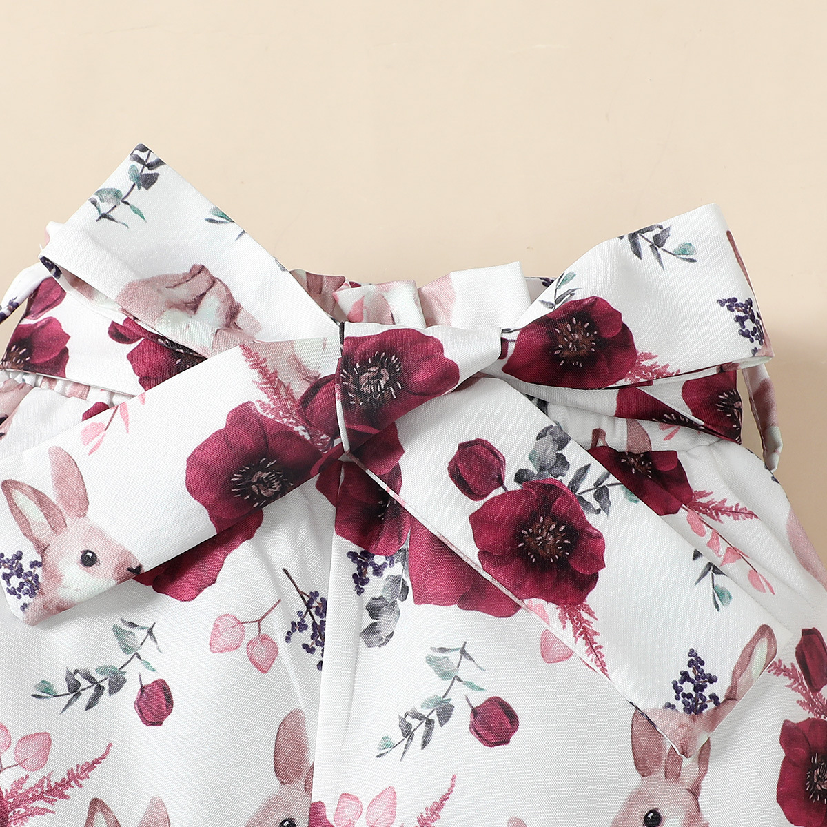 Spring/Summer 2020 new rabbit embroidered flying sleeve romper top + Rabbit printed shorts + headscarf