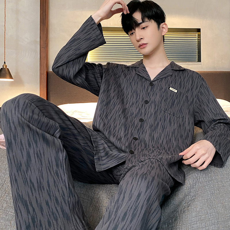 Pajamas men's spring and autumn long-sleeved casual men's plus size loose youth middle-aged temperament full set trendy home wear suit