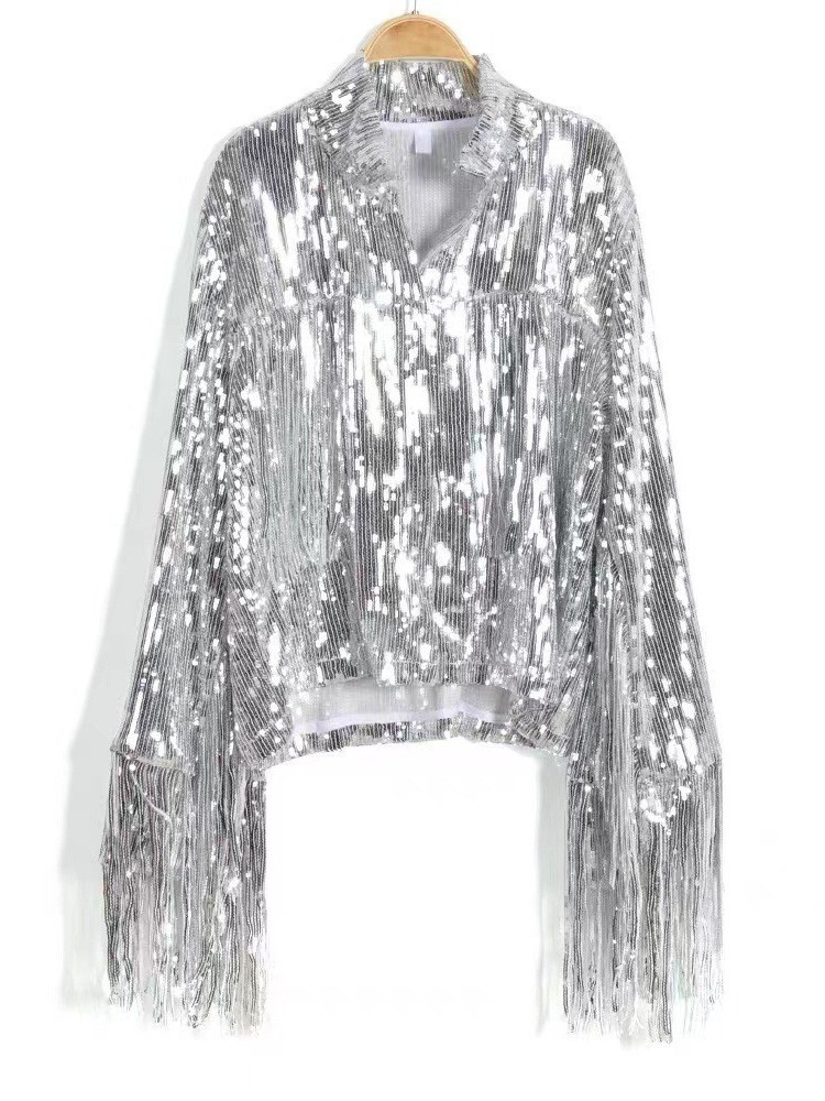 2023 cross-border foreign trade women's fashion sequins tassel cardigan coat performance clothing stage suit collar