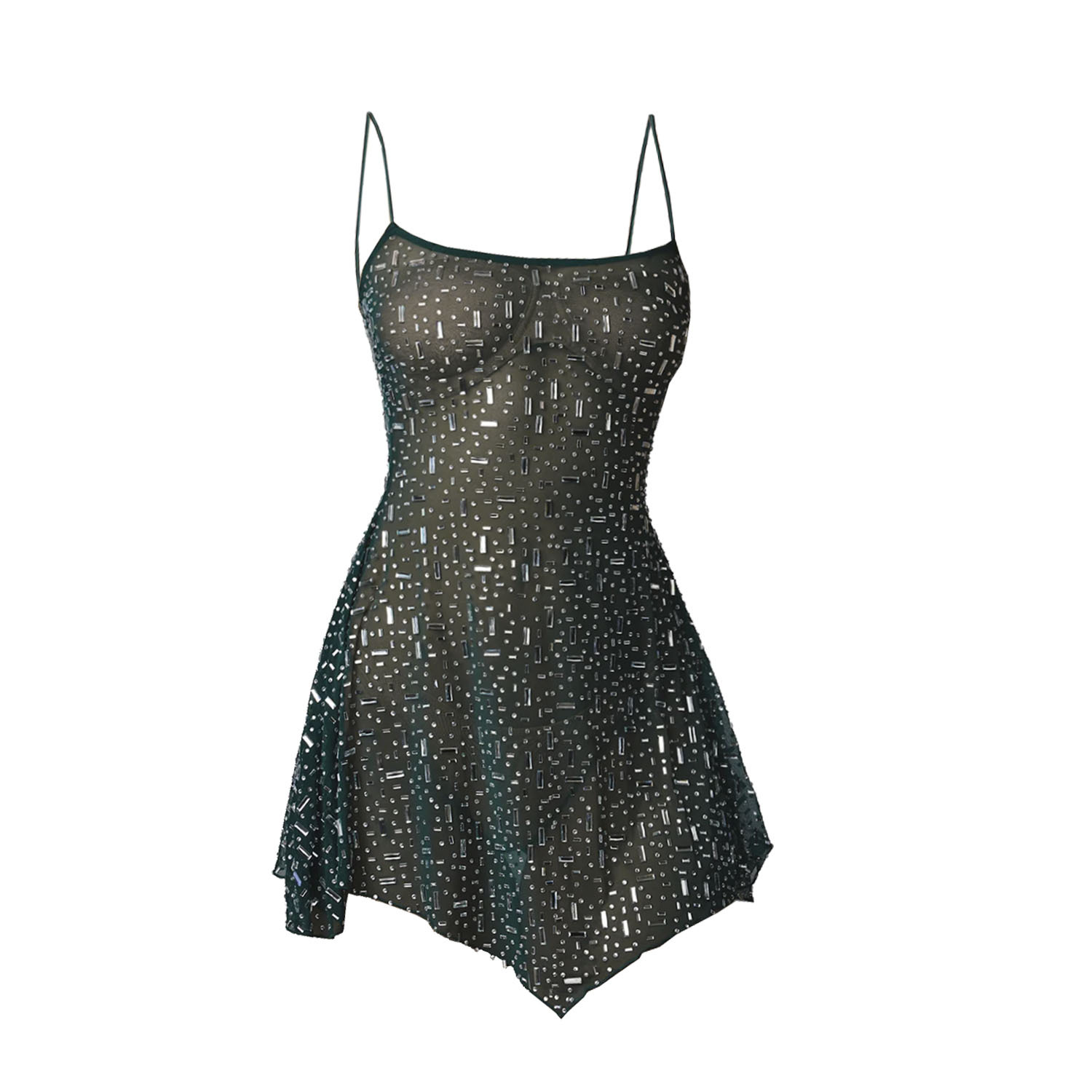 2023 cross-border popular women's clothing Amazon AliExpress independent station party hot drilling semi-perspective Sling short dress