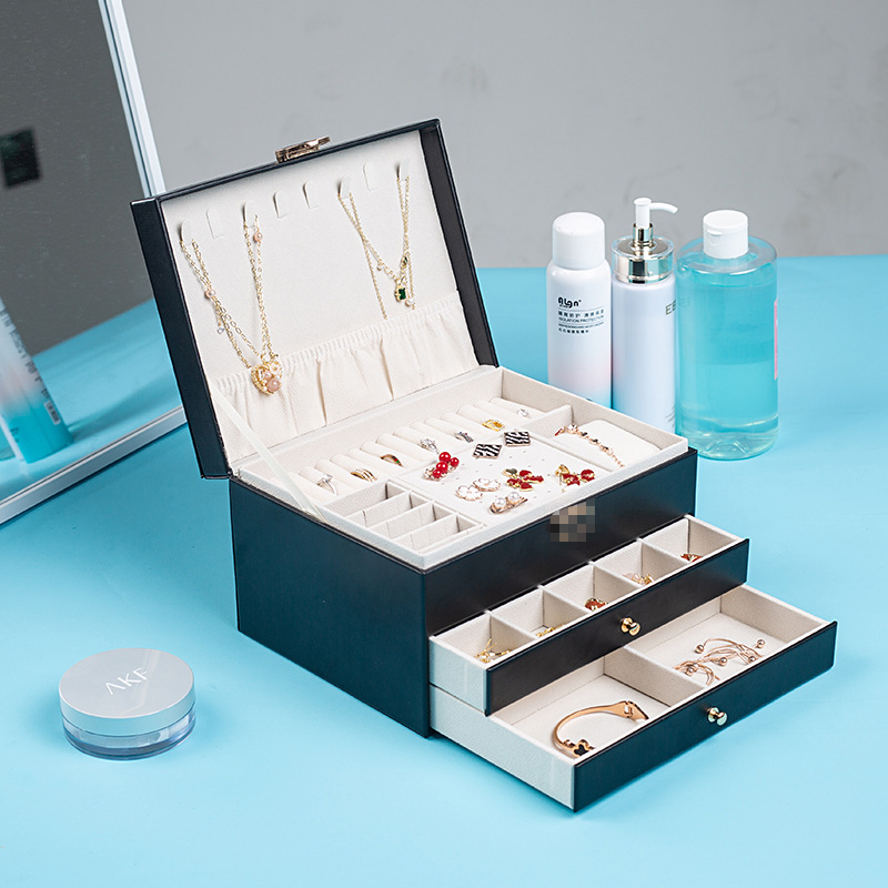 Jewelry Storage Box Large Capacity Three-Layer New Diamond Plaid Necklace Earrings with Lock High Jewelry Drawer Jewelry Box