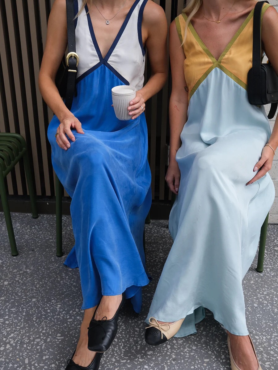 GY25023 fashion V-neck sleeveless color matching copper ammonia silk large swing dress spring and summer New