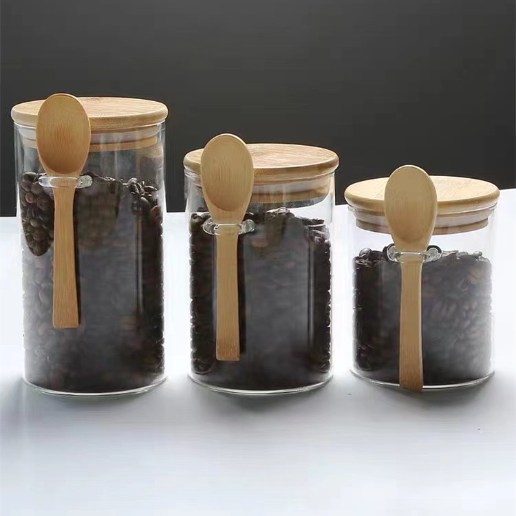 Wholesale Glass Sealed Jar Kitchen Cereals Dried Fruit Storage Bottle Bamboo Lid with Wooden Spoon Household Transparent