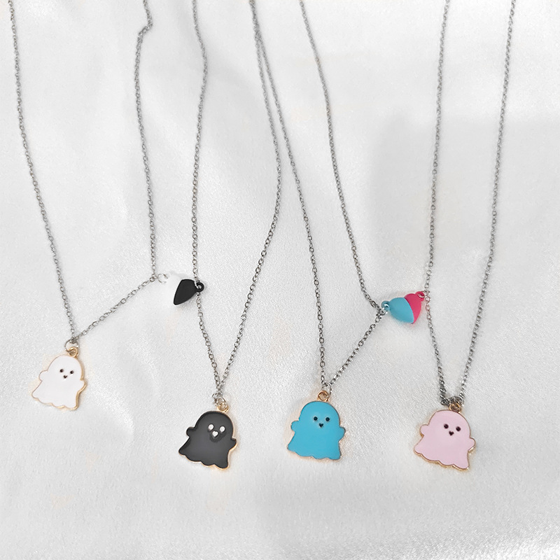 Black and White Ghost Cartoon Necklace Halloween Gift Jewelry Magnetic Brushstone Pendant Personalized Couple Stainless Steel Necklace